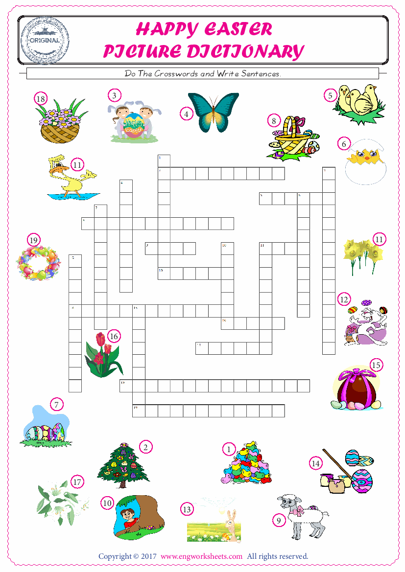  ESL printable worksheet for kids, supply the missing words of the crossword by using the Happy Easter picture. 